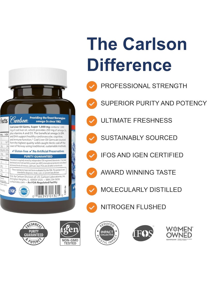 كارلسون زيت كبد سمك القد، فائق التركيز 1000 ملغ + فيتامينات أ و د3، بري نرويجي، مصدره مستدام، 100 كبسولة هلامية - Image 3